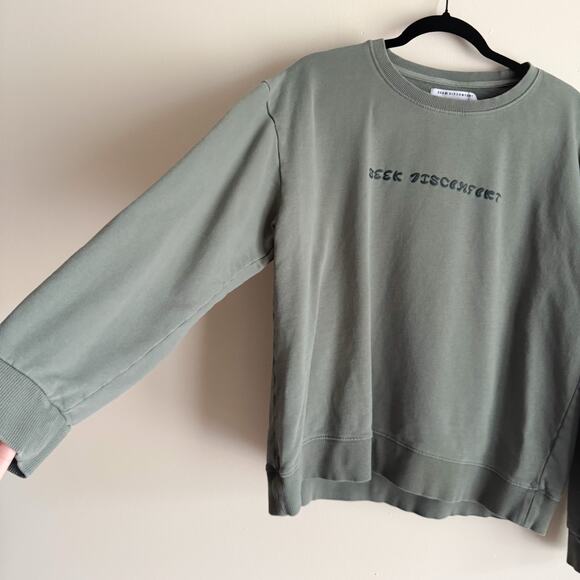 Seek Discomfort Olive Green Drab Raised Print Crewneck Sweatshirt Large - Picture 2 of 8